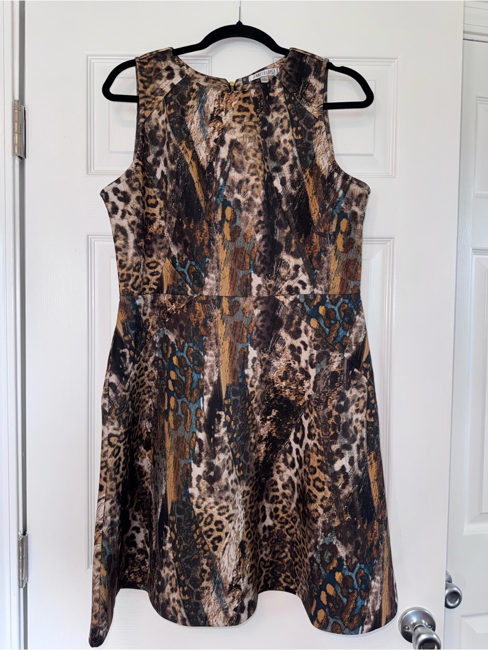 Jennifer Lopez Sleeveless Animal-Print Mini Dress in Brown and Teal